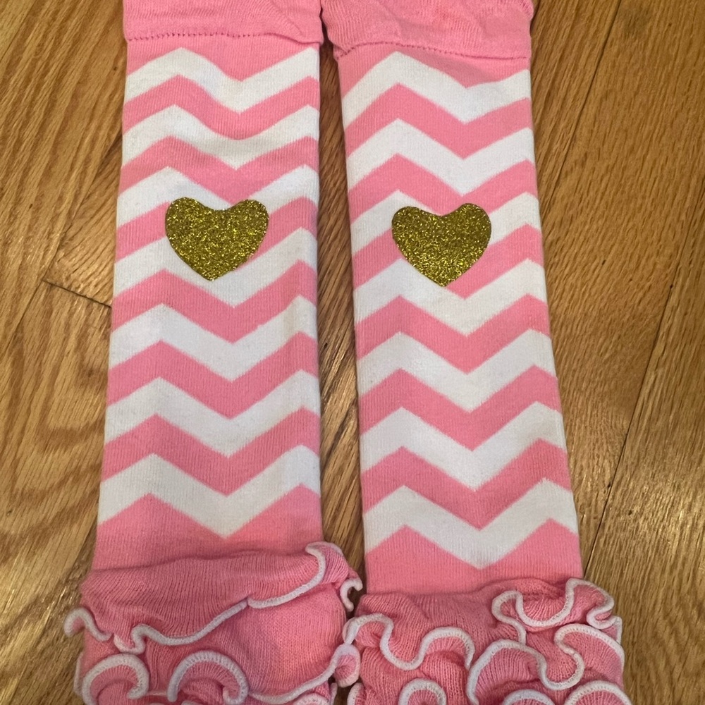 Pink and White Chevron Kids Leg Warmers socks with Gold Heart